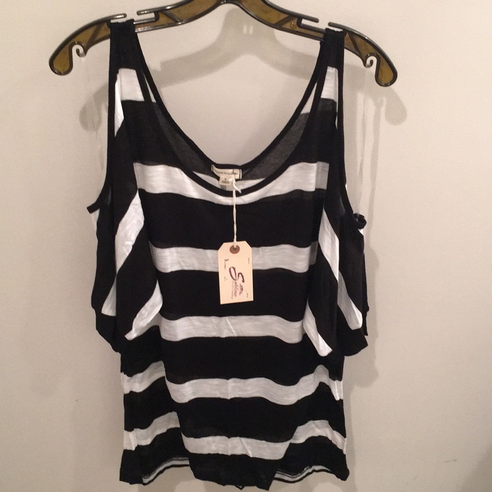 Black and White Stripe Cold Shoulder Top